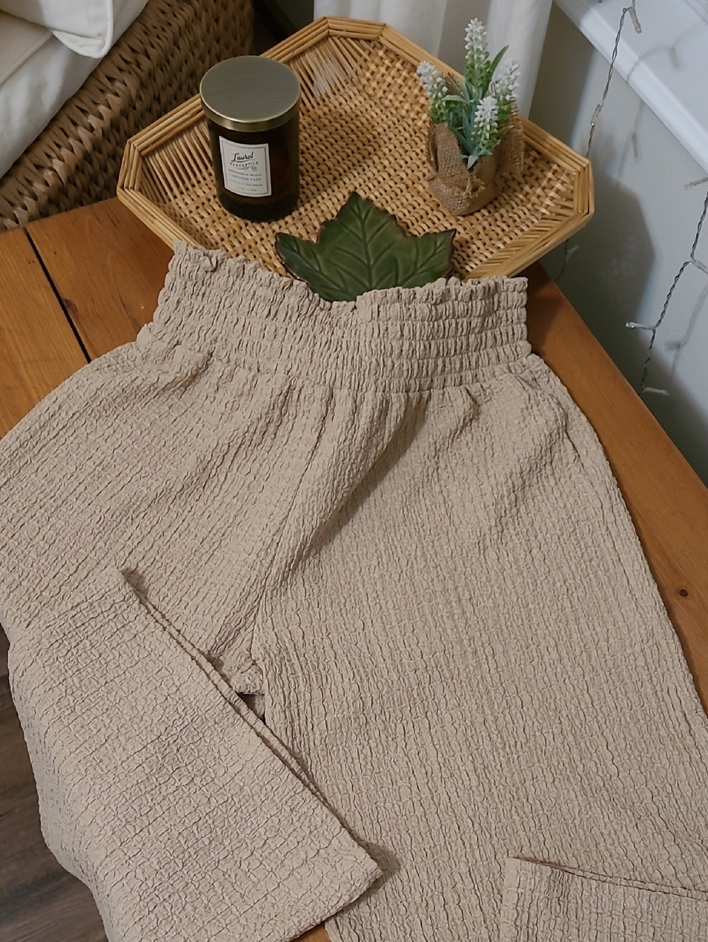 Vici Magen Tan High Waist Crinkle Crepe Wide Leg Pants